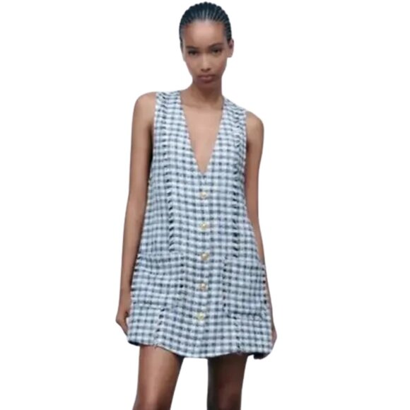NWT Zara NEW Textured Tweed Textured Pinafore Dress Patch Pockets Vest - Picture 2 of 8